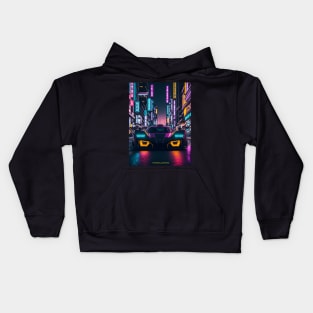 Dark Neon Sports Car in Japanese Neon City Kids Hoodie